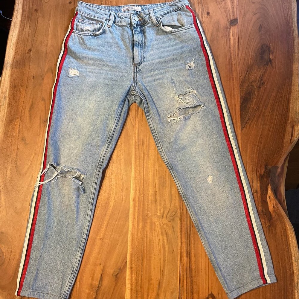 Top Shop Distressed Ripped Striped Jeans
